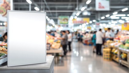 Obraz premium Blurry People At Cashier Advertising Blank Poster Frame Template In A Supermarket- A Creative Marketing Display For Promotions And Announcements.
