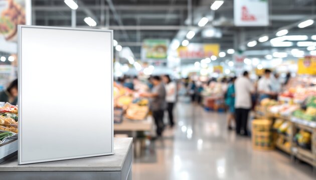 Blurry People At Cashier Advertising Blank Poster Frame Template In A Supermarket- A Creative Marketing Display For Promotions And Announcements.