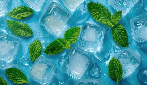  Glistening ice cubes topped with vibrant, fragrant mint leaves and shimmering water droplets rest on a serene blue backdrop, created with generative ai