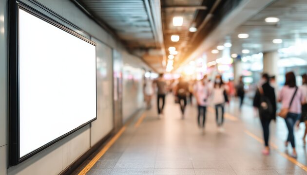 Blurry Commuters Passing By A Blank Billboard In A Subway Station &ndash; A Snapshot Of Travelers In Motion.