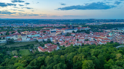 Fototapeta premium Sunset panorama view of Hradcany from Petrin hill in Prague, Cze
