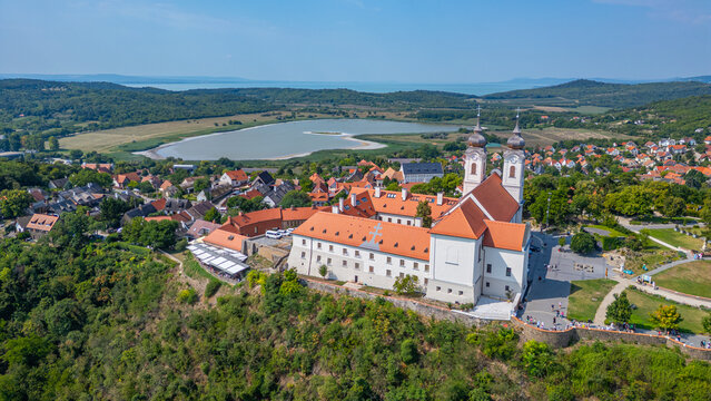 Panorama view of the Tihany Benedictine Abbey beside Balaton lak