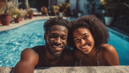Happy Young African American Couple Leaning On Edge Of Swimming Pool In Their Backyard, Viewed From A High Angle.
