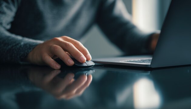 Freelance Man Working On Laptop Computer With Wireless Mouse On Office Table, Close Up Shot With Reflection And Copy Space, Dark Tone.