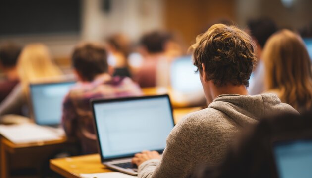 College Students Engaged In Classwork On Laptops With Shallow Depth Of Field Captured In A Classroom Setting.
