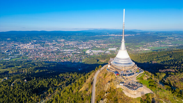 Aerial view of Jested tower during a sunny day near Liberec, Cze