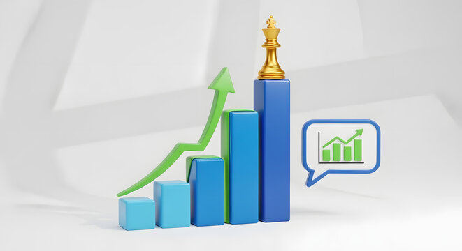 A bar graph with a green arrow and a chess piece on top