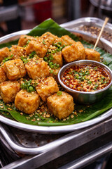 Fototapeta premium Golden Crispy Street Tofu with Spicy Dipping Sauce in Chinatown Night Market Style