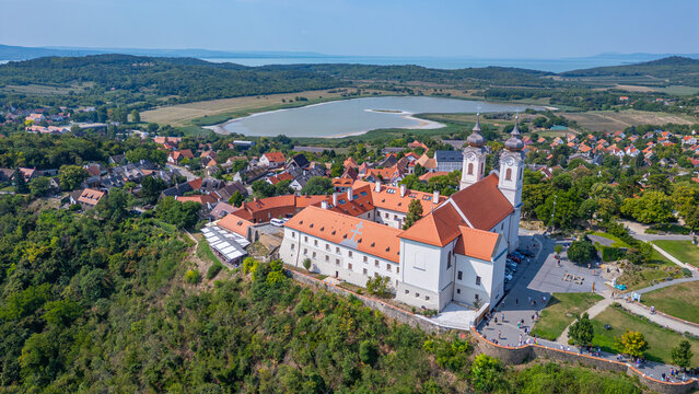 Panorama view of the Tihany Benedictine Abbey beside Balaton lak