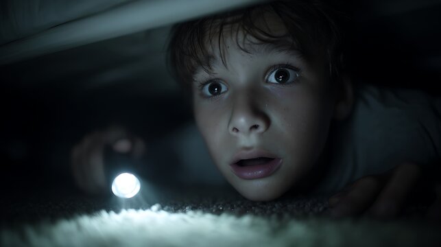 A young boy lies under a bed with a flashlight in a dark room