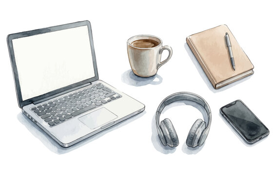 Office essentials watercolor painting with laptop notebook and smartphone