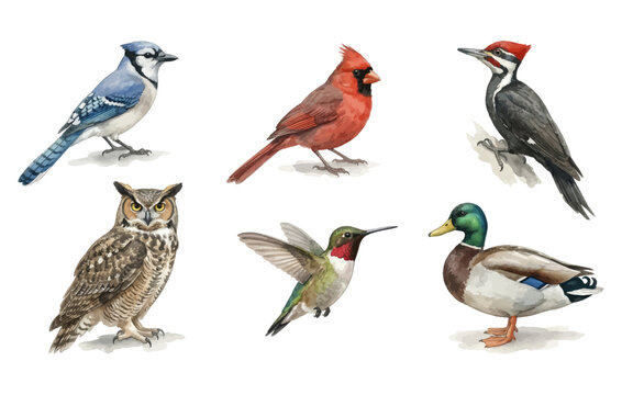 Set of watercolor birds including blue jay, cardinal, woodpecker