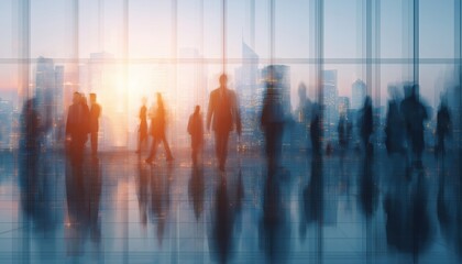 Fototapeta premium Busy Professionals In An Urban Glass Office With A Cityscape Backdrop. Capturing The Essence Of Office Life Through A Toned, Double Exposure Rendering.