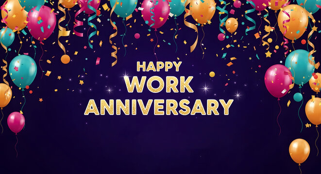 A colorful happy work anniversary celebration graphic
