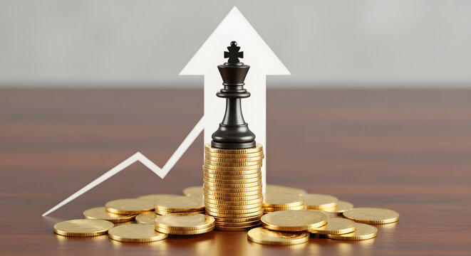 A black chess piece on a pile of gold coins with an arrow pointing up