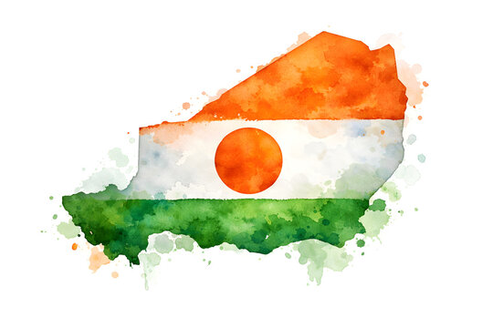Watercolor ink illustration of Niger map filled with national flag colors orange, white and green with central circle, soft textures and splashes, isolated on clean background.
