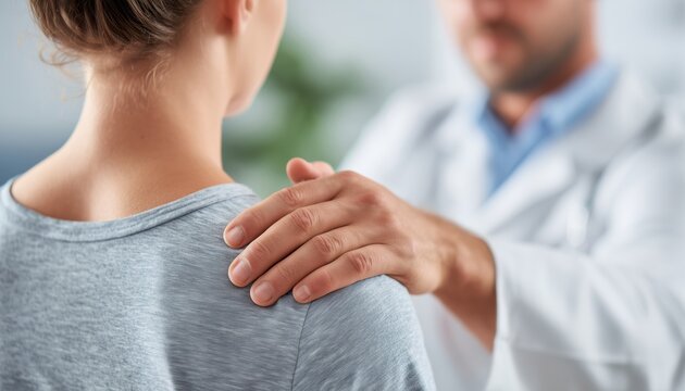 Chiropractor Examining Patient With Shoulder Pain In Medical Clinic: Physiotherapist And Doctor At Work Helping Patients.