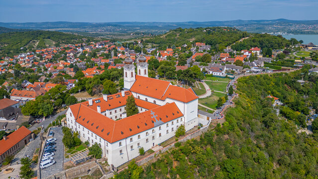 Panorama view of the Tihany Benedictine Abbey beside Balaton lak