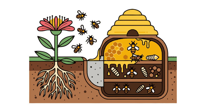 Detailed illustration of an underground bee nest, showing honey production, pollination, worker bees, larvae, and flower ecosystem.