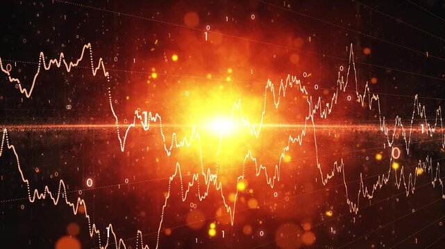 Fiery business chart with volatile stock market graph and floating binary code on glowing orange background, symbolizing financial instability, economic crisis and market fluctuations. Animation.