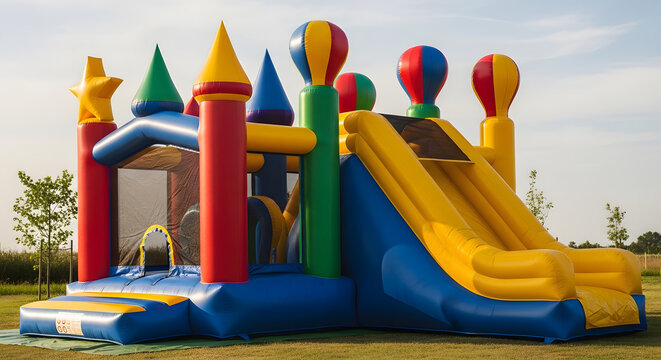 Large inflatable bouncy castle with slide and balloons, inflatable outdoor play area
