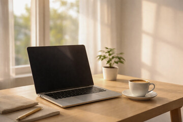 Fototapeta premium Minimal workspace with laptop and coffee at home