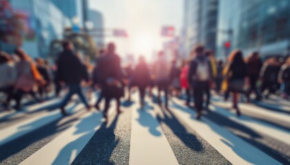 Fototapeta premium Busy Asian City People Crossing Street With Modern Buildings In The Background, Captured In Abstract Blurry Image In Korea, Asia.