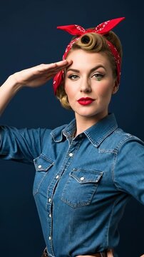 Young Caucasian Woman in Vintage Patriotic Pin-up Style, Saluting and Winking