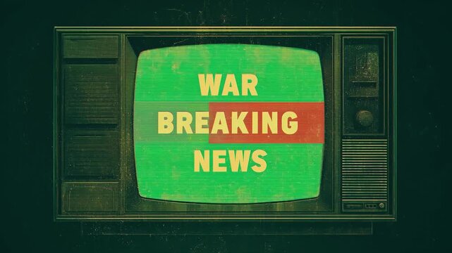Vintage TV War Breaking News Broadcast with Analog Glitch and Static Interference Effect, Video theme for international news content