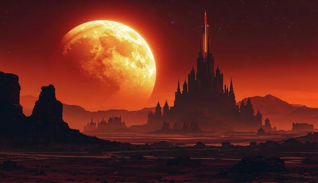 Red alien planet landscape with massive glowing moon or planet rising over rocky desert terrain. Stars visible in dark sky with orange haze. Vast desolate world.. created with generative ai