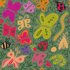 Fototapeta premium Cute hand drawn insects collection in playful cartoon style. Colorful butterflies, bees, ladybugs and bugs with simple shapes and decorative elements. Includes seamless patterns, isolated elements and