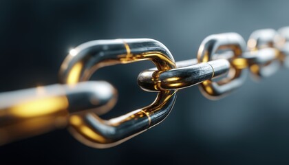 Fototapeta premium Close-Up Full Screen Of Metal Chain With Golden Element: Capturing The Essence Of Leadership And Teamwork In Business.