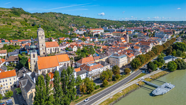 Panorama view of Krems an der Donau and its churches in Austria