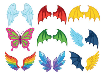 Fototapeta premium Cartoon icon set of 11 fantasy wings featuring angel, demon and dragon styles for game and mythology design