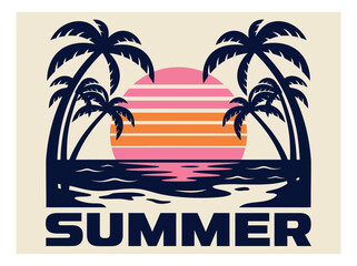 Fototapeta premium Silhouette illustration of tropical beach sunset with palm trees and text for summer vacation design