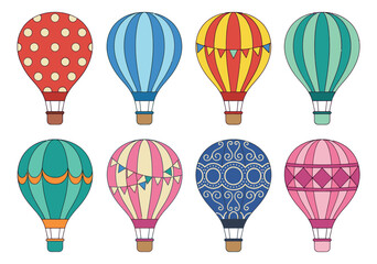 Naklejka premium Flat icon set of 8 hot air balloons featuring colorful vintage patterns for travel and adventure design