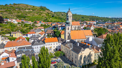Obraz premium Panorama view of Krems an der Donau and its churches in Austria