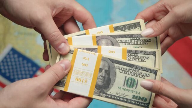 American financier passes stack of dollars to Italian representative against world map with US and Italian flags for trade cooperation.