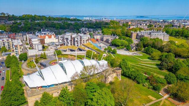 Panorama view of Dynamic Earth and Palace of Holyroodhouse in Ed