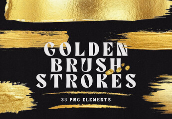 35 Golden Brush Stroke Texture Elements. Metallic Gold Paint Overlay Glitter Strokes. Isolated PNG Object on Transparent Background.