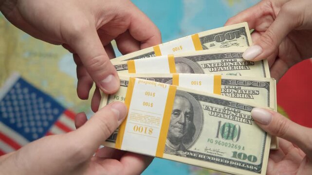 American businessman passes stack of dollars to Portuguese diplomat against world map with US and Portuguese flags for maritime trade.