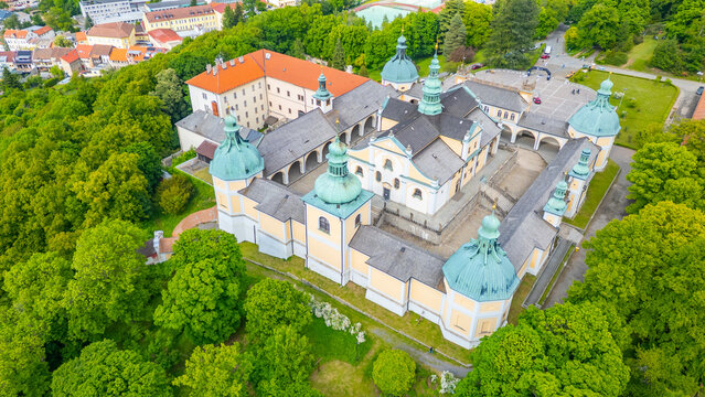 Panorama view of Svata Hora pilgrimage site near Pribram, Czech