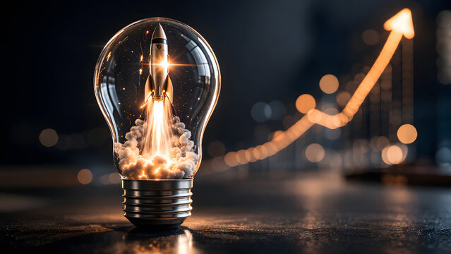 Light bulb with rocket launch and upward arrow visualizes startup acceleration, innovation, business growth, financial progress and strategic success