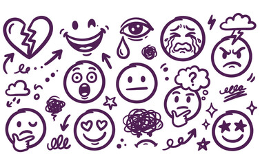 Fototapeta premium Emotion and feeling doodle icons, hand drawn line art style