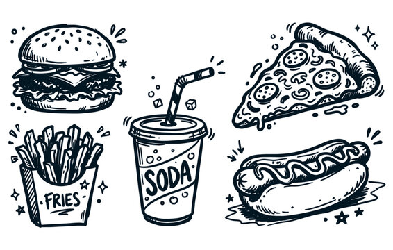 Fast food doodles burger fries soda hot dog and pizza slice
