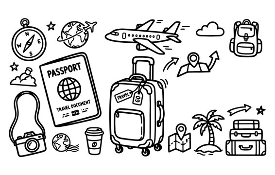 Holiday travel items doodle set with airplane suitcase and passport