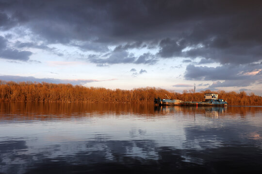 Work Boat on Calm River