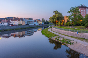 Fototapeta premium Sunset view of Otava riverside in Strakonice, Czech republic