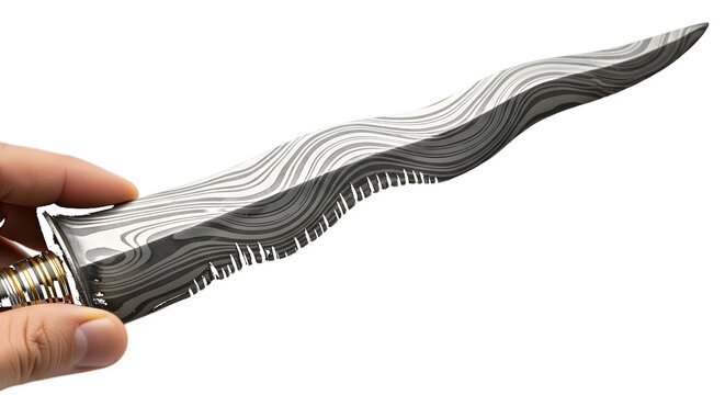 Hand holding damascus steel knife blade