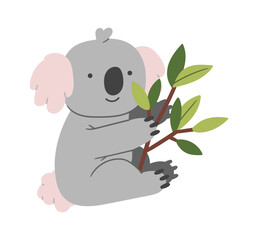 Fototapeta premium Koala Hugging Eucalyptus Branch Cartoon